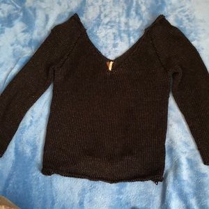 Black shimmer free people off shoulder v neck sweater slim fitting